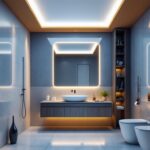 A photograph of a beautifully designed bathroom featuring sleek recessed ceiling lights that highlight the space