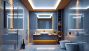 A photograph of a beautifully designed bathroom featuring sleek recessed ceiling lights that highlight the space