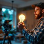 A photograph of a lighting contractor installing a type a medium base bulb in a residential setting