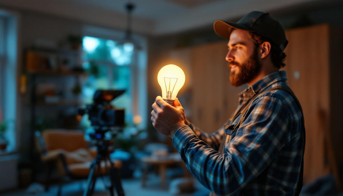 A photograph of a lighting contractor installing a type a medium base bulb in a residential setting