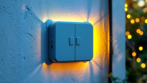 A photograph of a 2-gang electrical box installed outdoors