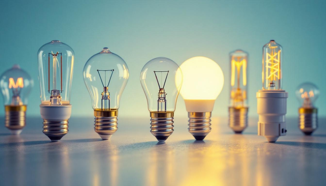 A photograph of a close-up shot of various halogen bulb base types arranged aesthetically on a clean surface