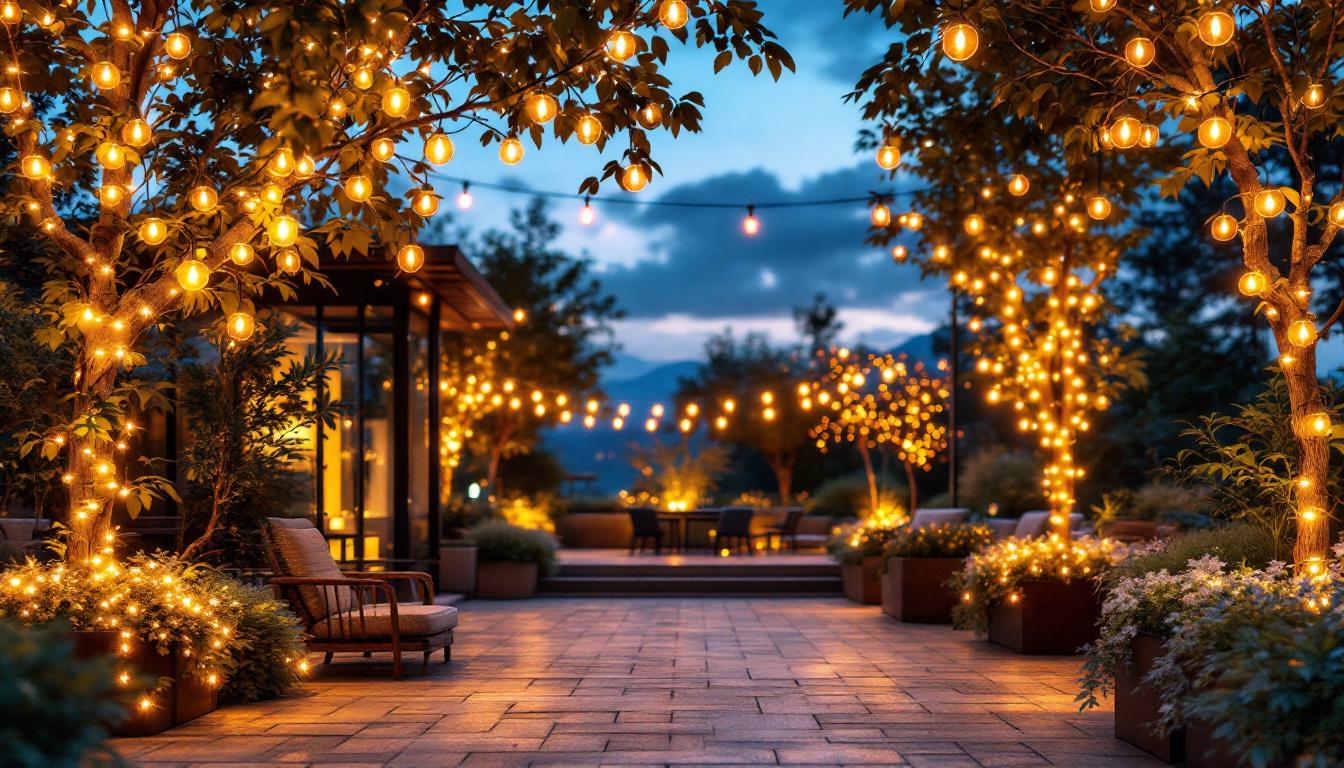 A photograph of a beautifully illuminated outdoor space featuring amber lights