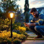 A photograph of a skilled lighting contractor installing or adjusting solar lights in a beautifully landscaped outdoor setting