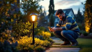A photograph of a skilled lighting contractor installing or adjusting solar lights in a beautifully landscaped outdoor setting