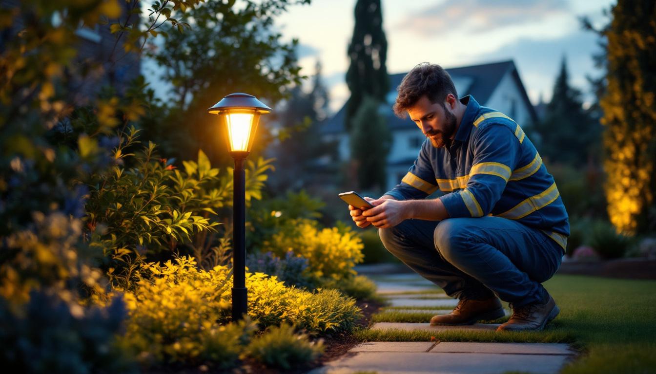 A photograph of a skilled lighting contractor installing or adjusting solar lights in a beautifully landscaped outdoor setting