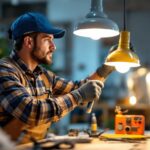 A photograph of a skilled lighting contractor expertly installing or adjusting a variety of stylish and energy-efficient light fixtures in a well-lit
