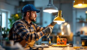 A photograph of a skilled lighting contractor expertly installing or adjusting a variety of stylish and energy-efficient light fixtures in a well-lit