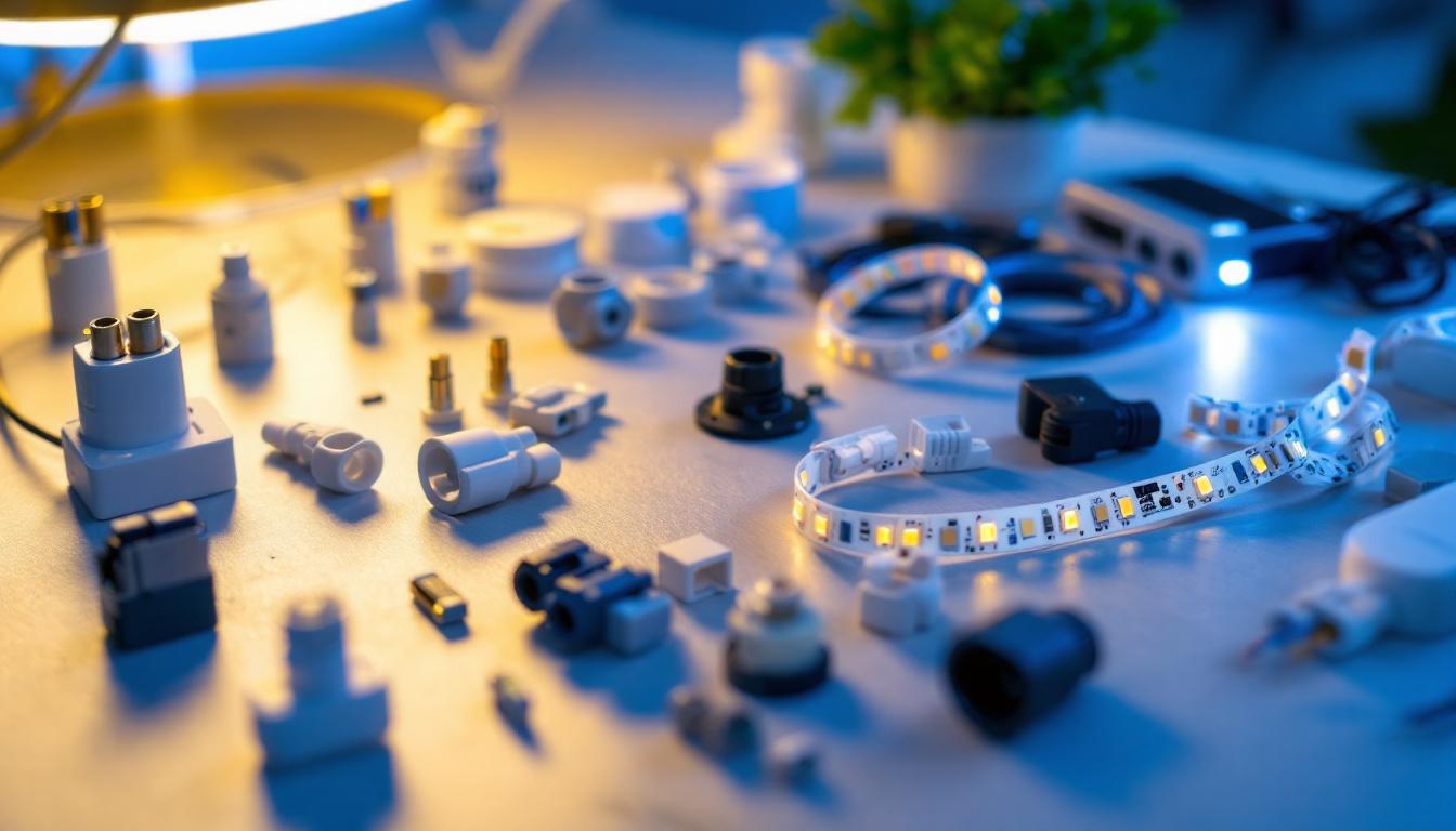 A photograph of a well-organized display of various led strip accessories