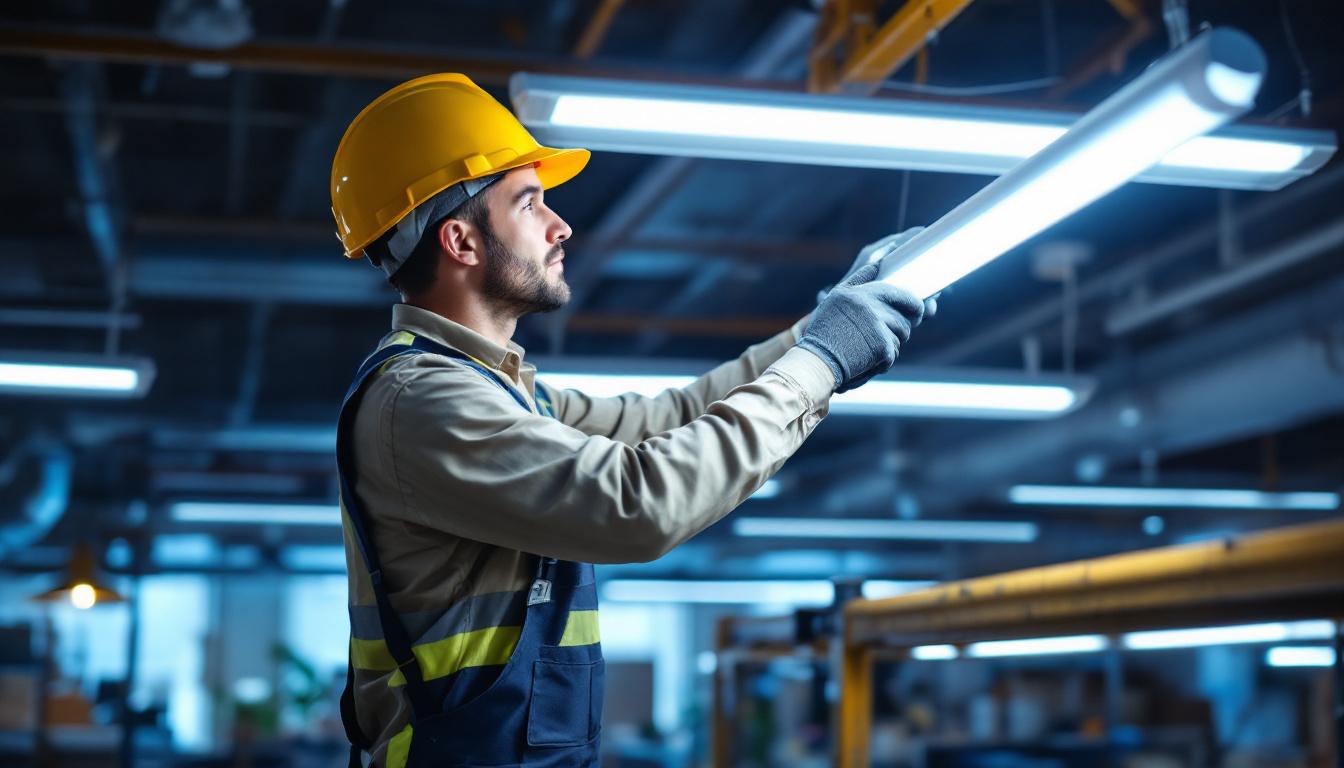A photograph of a lighting contractor installing t8 fluorescent led replacements in a commercial setting