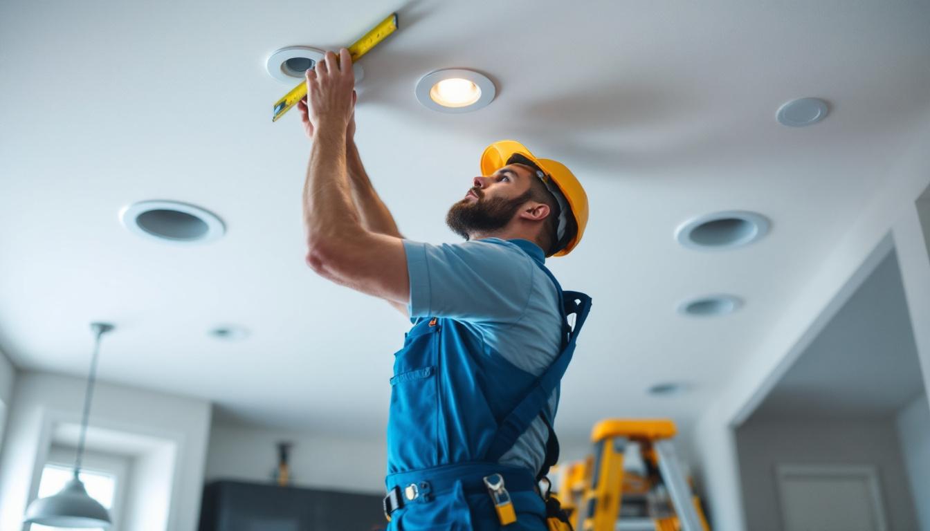 A photograph of a lighting contractor measuring the ceiling in a home