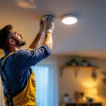 A photograph of a lighting contractor skillfully installing recessed lighting fixtures in a modern home setting