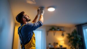 A photograph of a lighting contractor skillfully installing recessed lighting fixtures in a modern home setting