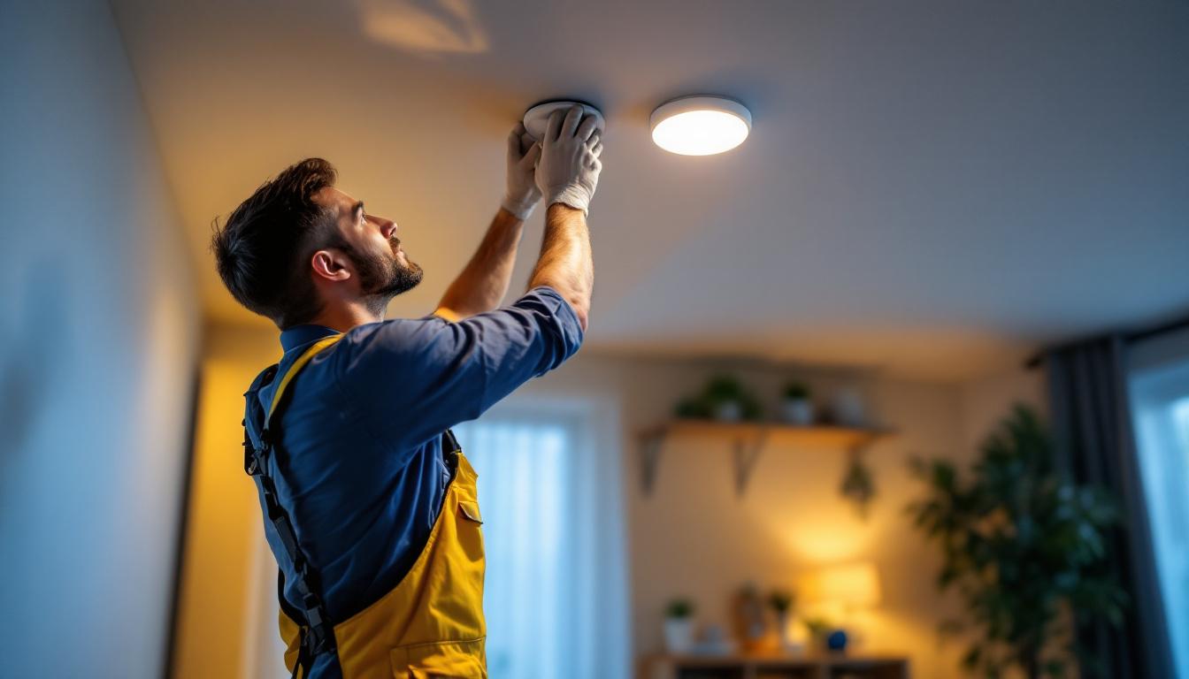 A photograph of a lighting contractor skillfully installing recessed lighting fixtures in a modern home setting
