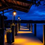 A photograph of a beautifully illuminated residential dock at dusk