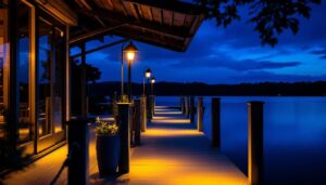 A photograph of a beautifully illuminated residential dock at dusk