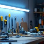 A photograph of a well-lit workspace featuring a fluorescent light bar installed above a contractor's work area