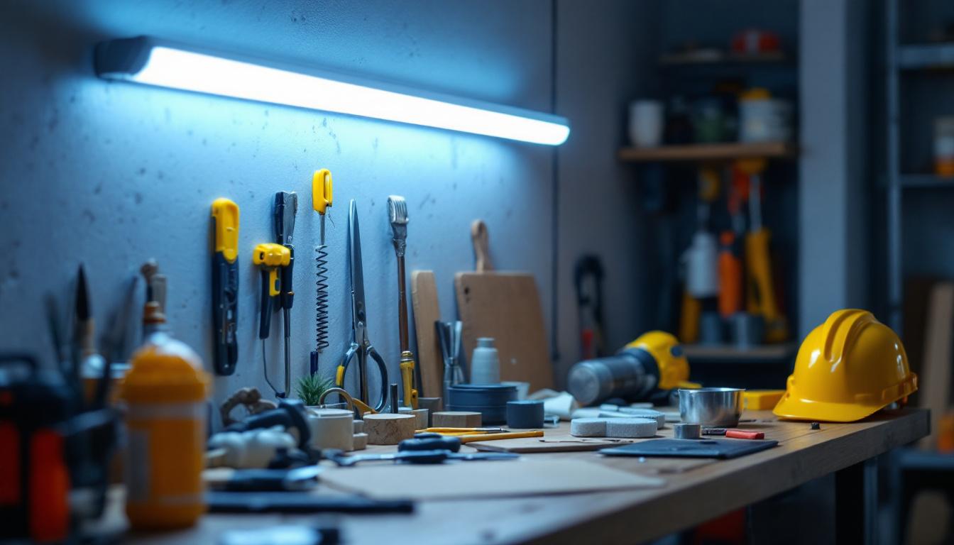 A photograph of a well-lit workspace featuring a fluorescent light bar installed above a contractor's work area