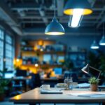 A photograph of a well-lit workspace featuring t8 led shop light fixtures installed overhead