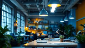 A photograph of a well-lit workspace featuring t8 led shop light fixtures installed overhead