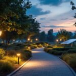 A photograph of a solar park at dusk