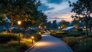 A photograph of a solar park at dusk