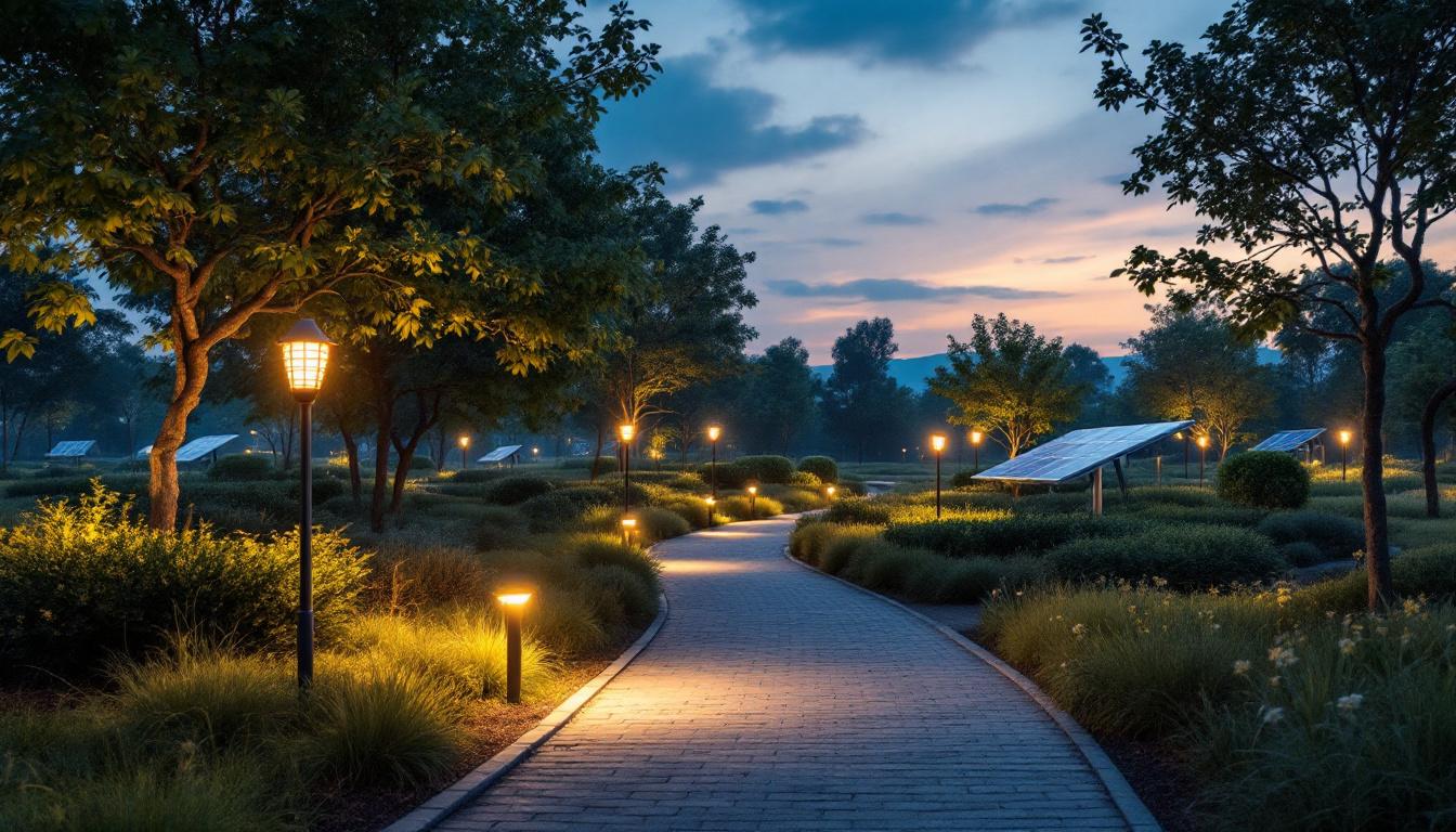 A photograph of a solar park at dusk