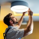 A photograph of a skilled lighting contractor expertly installing or adjusting modern ceiling lights in a stylish interior space