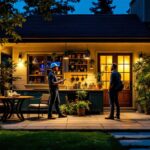 A photograph of a well-lit outdoor space showcasing various stylish lighting fixtures