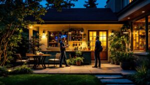 A photograph of a well-lit outdoor space showcasing various stylish lighting fixtures