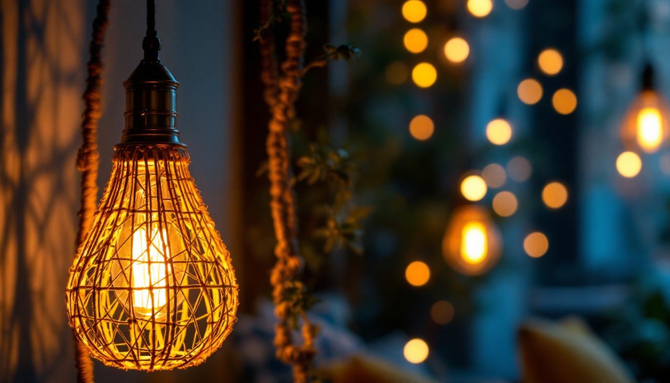 A photograph of a beautifully designed lamp with intricate string details