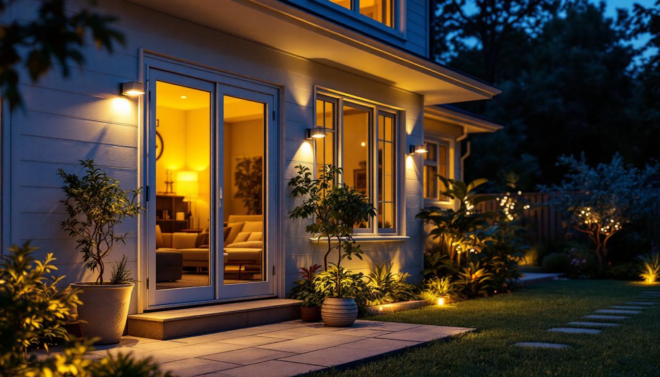 A photograph of a beautifully illuminated outdoor space featuring various styles of sensor lights installed around a house