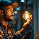 A photograph of a lighting contractor expertly installing or adjusting a stylish light bulb in a modern setting
