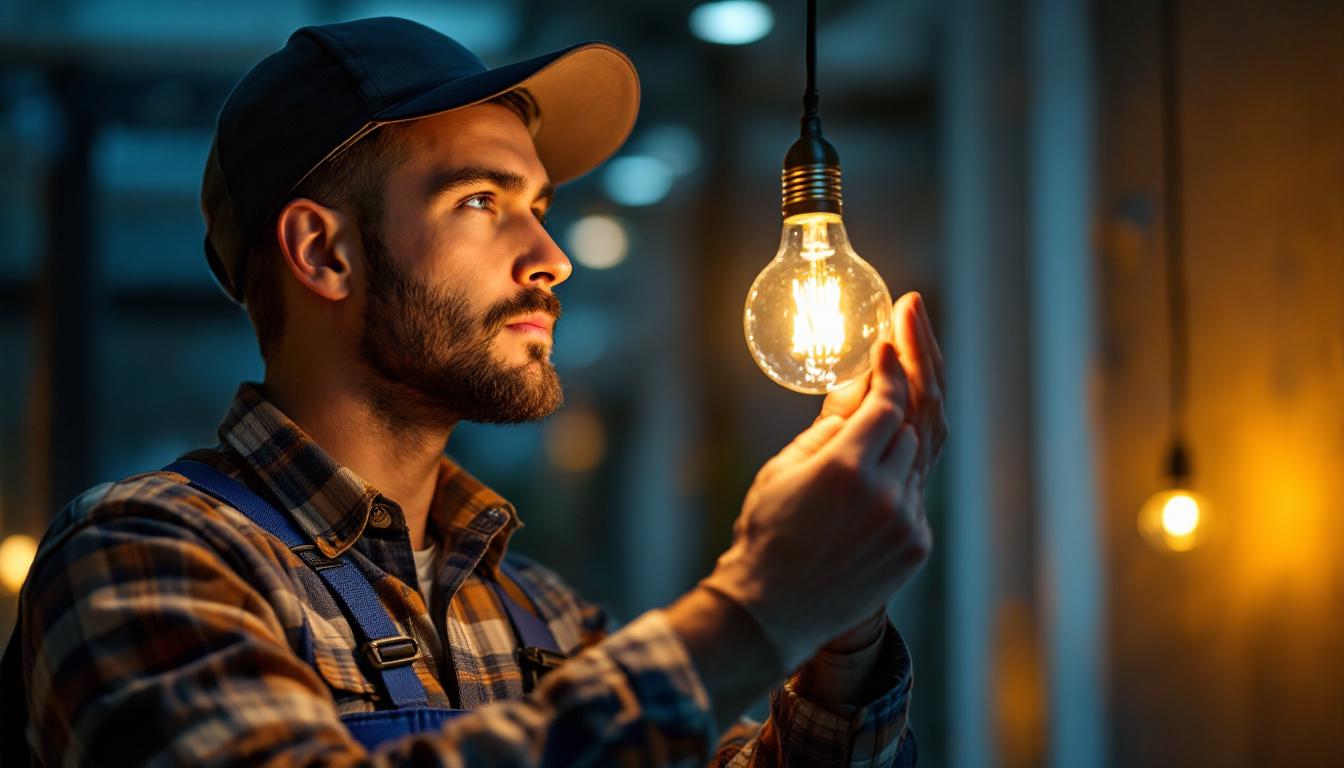 A photograph of a lighting contractor expertly installing or adjusting a stylish light bulb in a modern setting