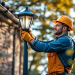 A photograph of a skilled lighting contractor installing a stylish metal lamp post in an outdoor setting