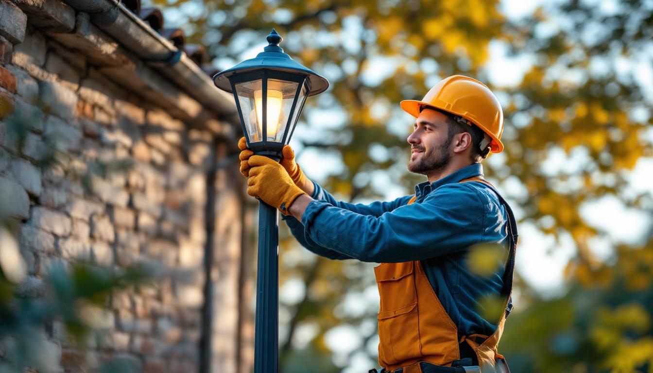A photograph of a skilled lighting contractor installing a stylish metal lamp post in an outdoor setting