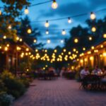 A photograph of a beautifully illuminated outdoor space featuring string bulb lighting