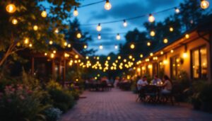 A photograph of a beautifully illuminated outdoor space featuring string bulb lighting