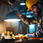 A photograph of a lighting contractor demonstrating the installation or adjustment of a light cap on a fixture