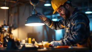 A photograph of a lighting contractor demonstrating the installation or adjustment of a light cap on a fixture