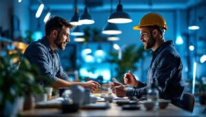 A photograph of a skilled lighting contractor interacting with a client in a well-lit space