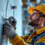 A photograph of a lighting contractor expertly installing a wire receptacle in a well-lit environment