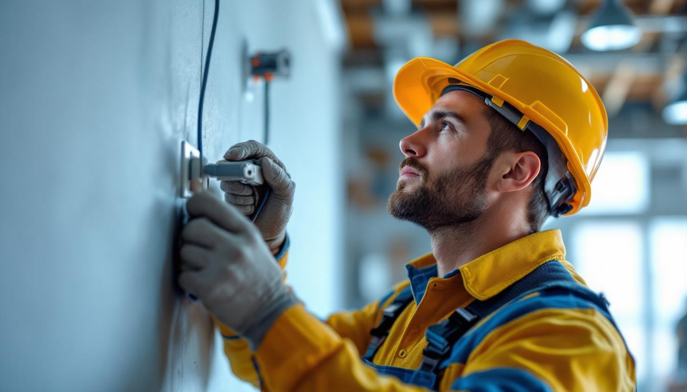 A photograph of a lighting contractor expertly installing a wire receptacle in a well-lit environment