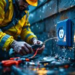 A photograph of a lighting contractor installing a waterproof outlet cover outdoors