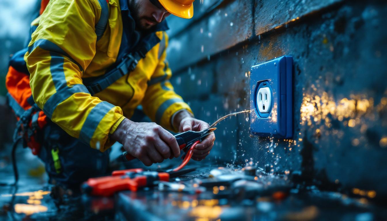 A photograph of a lighting contractor installing a waterproof outlet cover outdoors