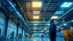 A photograph of a well-lit industrial space showcasing led high bay lights in action