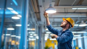 A photograph of a lighting contractor expertly installing a sleek led retrofit fixture in a modern commercial space