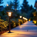A photograph of a beautifully illuminated solar walkway light installed in a residential setting