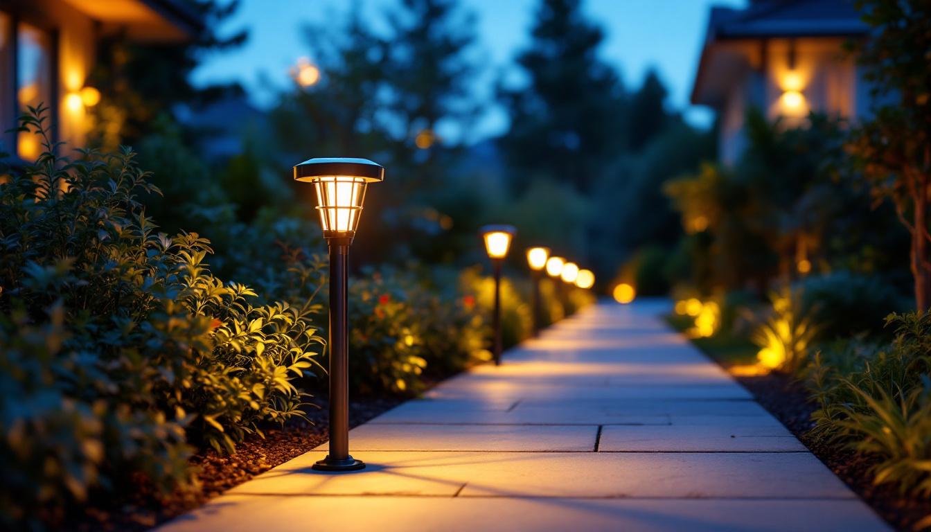 A photograph of a beautifully illuminated solar walkway light installed in a residential setting
