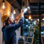 A photograph of a lighting contractor expertly installing modern